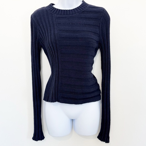 VINCE Mixed Rib Knit Crewneck Sweater Cotton Blend Navy Blue Small